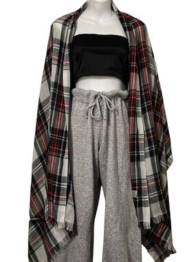 Naturally Knotty Red Black White & Blue Tartan Plaid Scarf Shawl Coverup